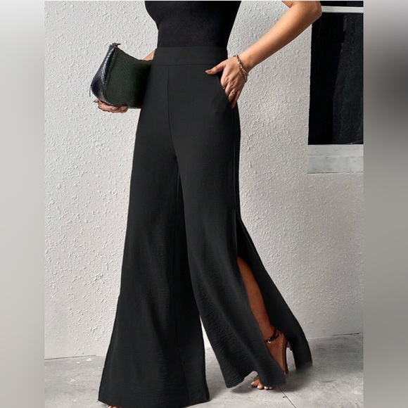 Black Split Thigh Wide Leg Pants - Picture 1 of 5